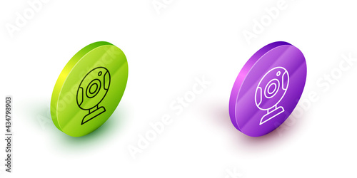 Isometric line Web camera icon isolated on white background. Chat camera. Webcam icon. Green and purple circle buttons. Vector