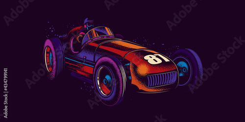 Original vector illustration in neon style. An old vintage racing car.