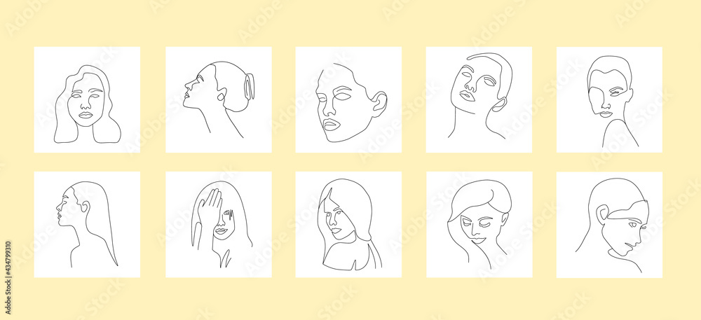 Set of vector women's portraits. Line art collection women's faces. Various poses of the female head for cosmetic, logo, packaging, fashion, web. Contoured vector female image. 