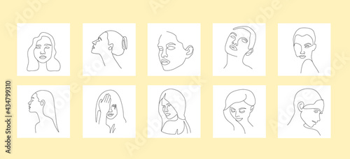 Set of vector women's portraits. Line art collection women's faces. Various poses of the female head for cosmetic, logo, packaging, fashion, web. Contoured vector female image. 