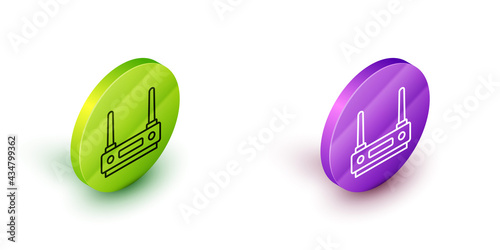 Isometric line Router and wi-fi signal icon isolated on white background. Wireless ethernet modem router. Computer technology internet. Green and purple circle buttons. Vector