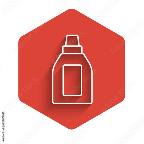 White line Plastic bottle for laundry detergent, bleach, dishwashing liquid or another cleaning agent icon isolated with long shadow background. Red hexagon button. Vector