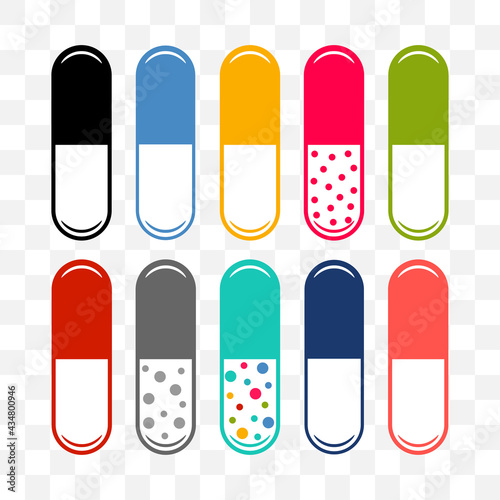 Set of medical capsules, pills, colorful icons. The concept of pharmaceuticals, medications. Vector illustration.