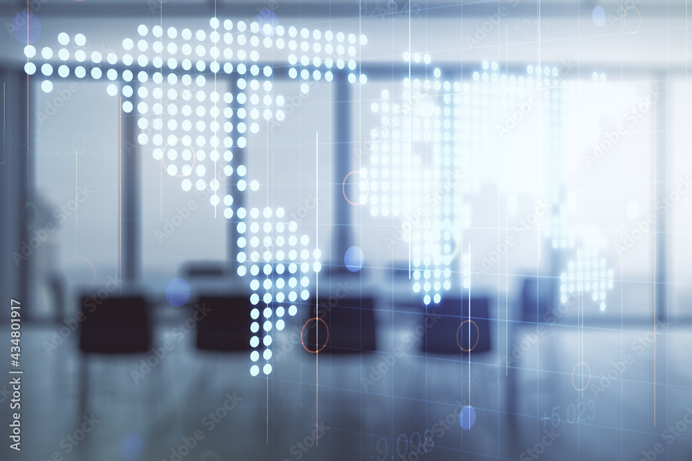 Fototapeta premium Double exposure of abstract digital world map hologram on a modern boardroom background, big data and blockchain concept