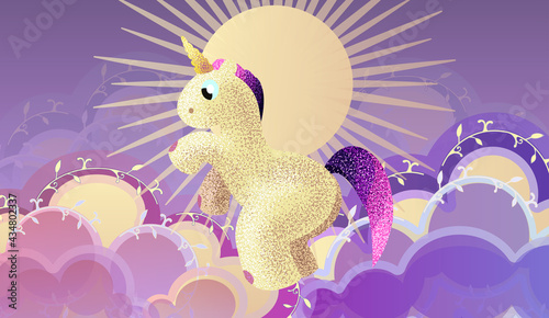 Cartoon sky at sunset. Fabulous background. A magic pony floats among the clouds on a boat. Postcard For birthday, housewarming, party, toy stores, book covers, stories. EPS10
