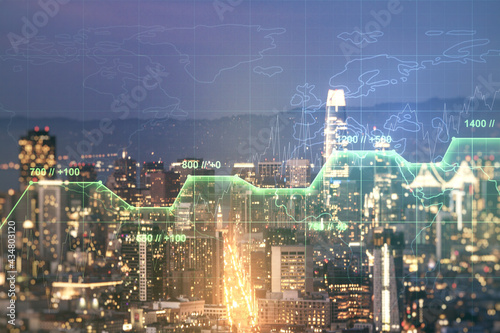 Abstract virtual stats data hologram on San Francisco skyline background. Multiexposure