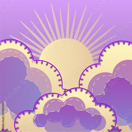 Cartoon sky at sunset. Fabulous background of clouds. Postcard For birthday, housewarming, party, toy stores, book covers, stories. EPS10