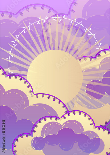 Cartoon sky at sunset. Fabulous background of clouds. Postcard For birthday, housewarming, party, toy stores, book covers, stories. EPS10