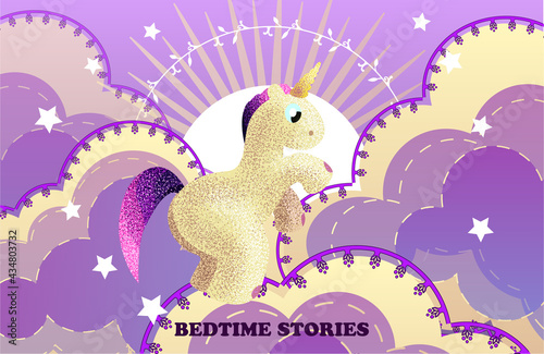 Cartoon sky at sunset. Fabulous background. A magic pony floats among the clouds on a boat. Postcard For birthday, housewarming, party, toy stores, book covers, stories. EPS10