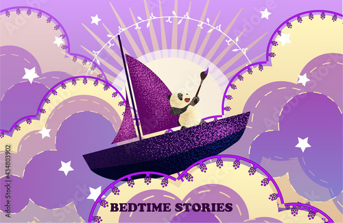 Cartoon sky at sunset. Fabulous background. A toy panda swims among the clouds on a boat. Postcard For birthday, housewarming, party, toy stores, book covers, stories. EPS10