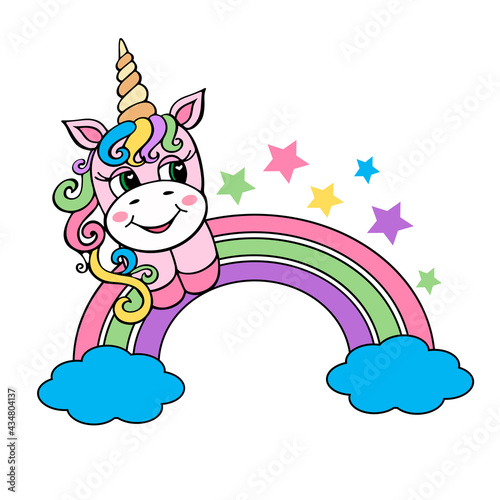 Cute Baby unicorn sitting on the rainbow. Cartoon beautiful vector illustration isolated on white.