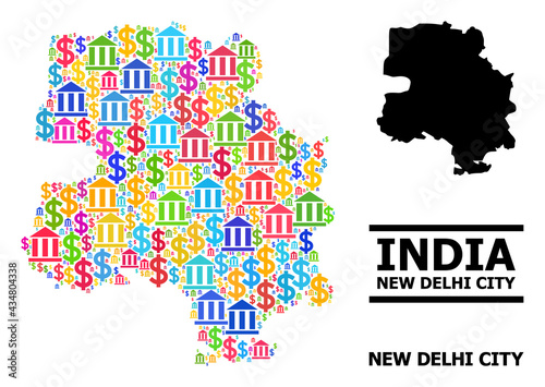 Multicolored financial and dollar mosaic and solid map of New Delhi City. Map of New Delhi City vector mosaic for advertisement campaigns and propaganda.