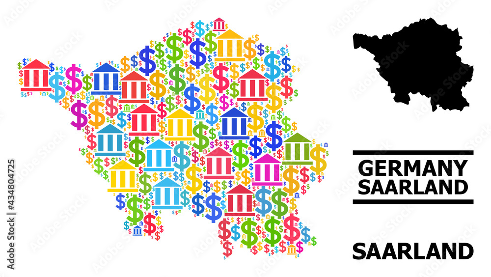 Naklejka premium Multicolored bank and dollar mosaic and solid map of Saarland State. Map of Saarland State vector mosaic for business campaigns and doctrines.