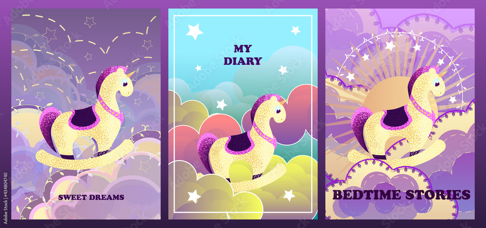 Cartoon sky at sunset. Fabulous background. A magic pony floats among the clouds on a boat. Postcard For birthday, housewarming, party, toy stores, book covers, stories. EPS10 Cartoon sky at sunset. Fabulous background. A magic pony floats among the clouds on a boat. Postcard For birthday, housewarming, party, toy stores, book covers, stories. EPS10