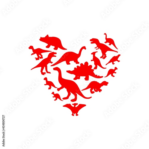 Dinosaurus in shape of the heart. Red color. Silhouettes of preistoric animal. Vector illustration. T shirt print, template for greeting card, poster, banner.