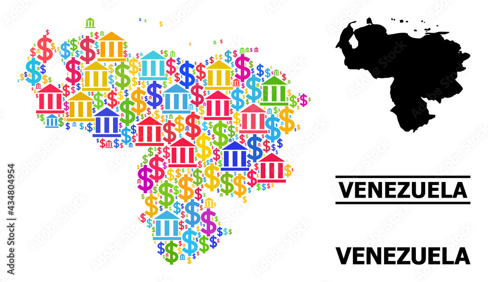 Fototapeta premium Colored bank and dollar mosaic and solid map of Venezuela. Map of Venezuela vector mosaic for business campaigns and agitation. Map of Venezuela is formed with vibrant dollar and bank ojects.