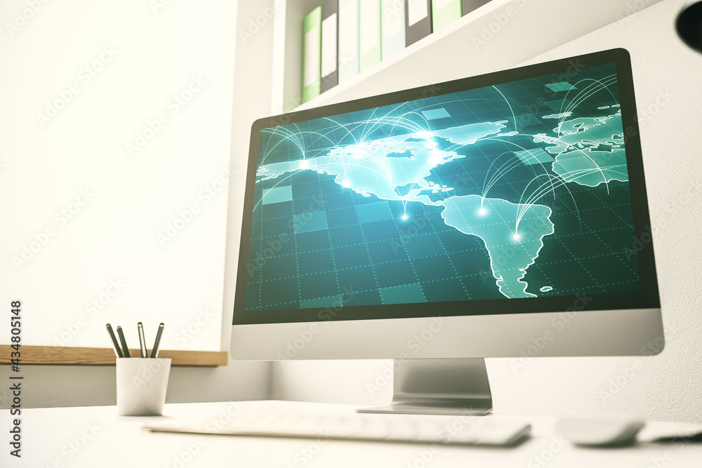 Abstract digital world map with connections on modern computer monitor, big data and blockchain concept. 3D Rendering Abstract digital world map with connections on modern computer monitor, big data and blockchain concept. 3D Rendering