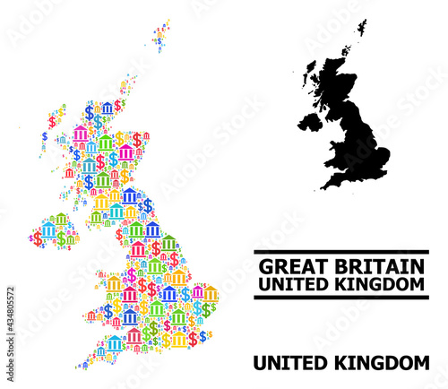 Bright colored financial and dollar mosaic and solid map of United Kingdom. Map of United Kingdom vector mosaic for geographic campaigns and propaganda.