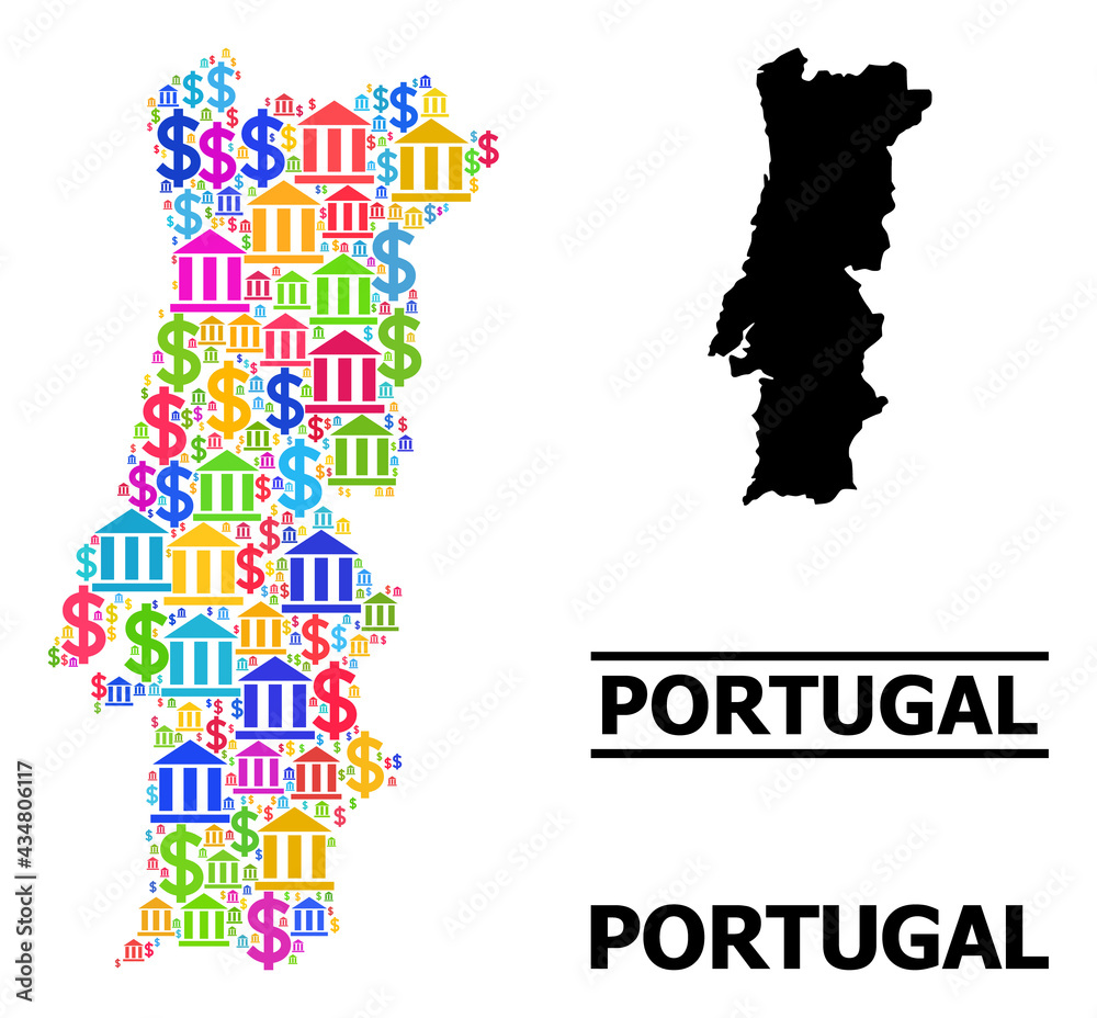 Colored bank and dollar mosaic and solid map of Portugal. Map of Portugal vector mosaic for advertisement campaigns and posters. Map of Portugal is composed with colorful bank and dollar parts.