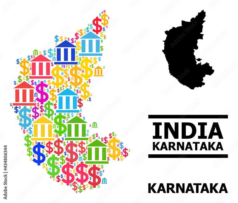 Bright colored bank and money mosaic and solid map of Karnataka State. Map of Karnataka State vector mosaic for promotion campaigns and promotion.