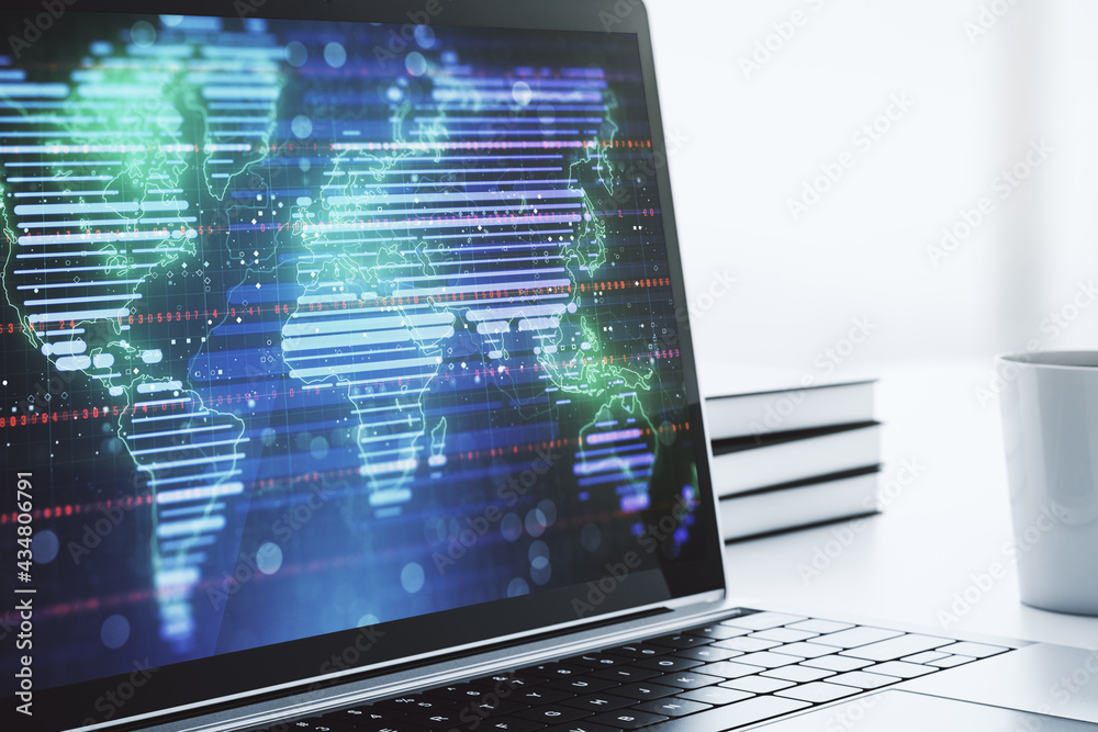 Abstract creative digital world map on modern laptop monitor, tourism and traveling concept. 3D Rendering Abstract creative digital world map on modern laptop monitor, tourism and traveling concept. 3D Rendering