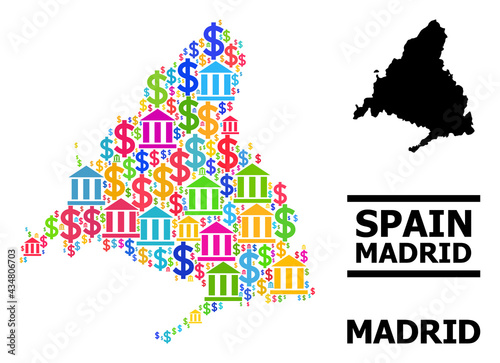 Multicolored bank and commerce mosaic and solid map of Madrid Province. Map of Madrid Province vector mosaic for geographic campaigns and agitprop.
