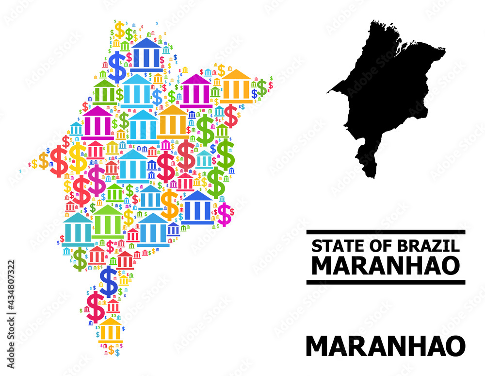 Vibrant bank and dollar mosaic and solid map of Maranhao State. Map of Maranhao State vector mosaic for ads campaigns and projects.