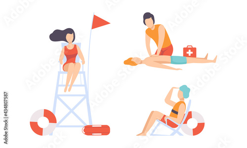 Beach Lifeguards Ensuring Safety and Providing First Aid Set, Professional Rescuers Characters in Action Cartoon Vector Illustration