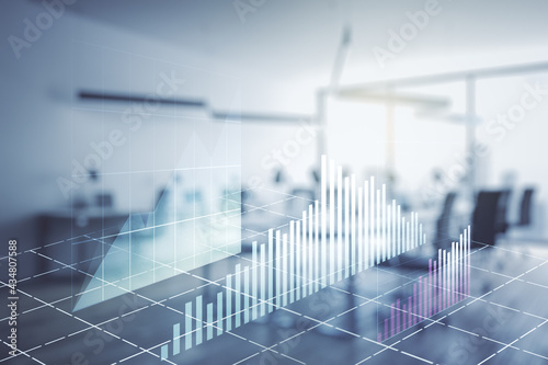 Multi exposure of virtual abstract financial graph interface on a modern furnished classroom background, financial and trading concept