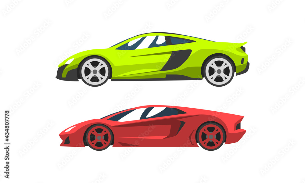 Set of Fast Motor Racing Cars, Side View of Colorful Racing Bolids Flat Vector Illustration