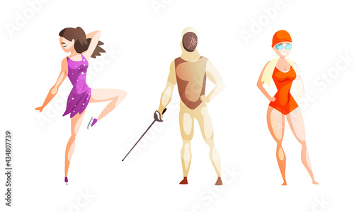 Professional Athletes Doing Sports Set, Girl Figure Skater, Swimmer, Man Fencer Cartoon Vector Illustration
