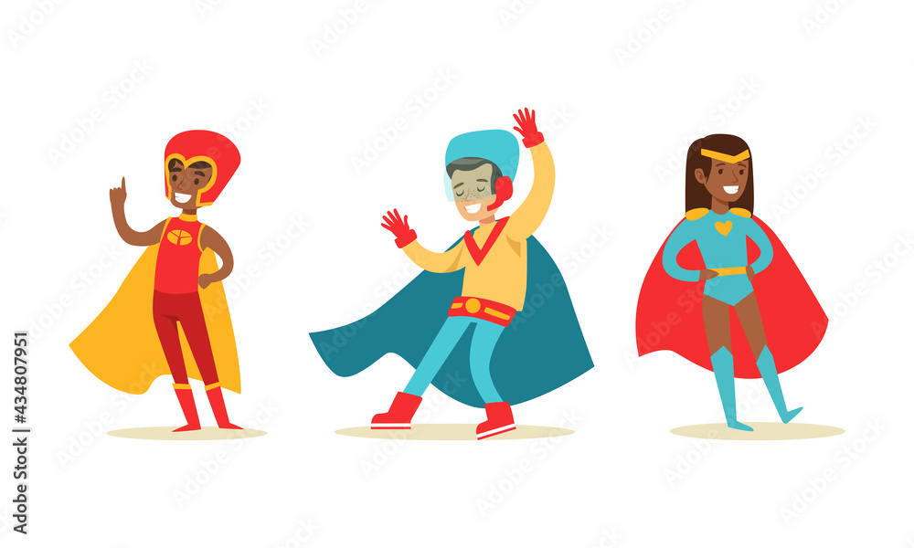 Set of Happy Boys and Girls Dressed Superhero Costumes, Super Kids  Characters Cartoon Vector Illustration Stock Vector | Adobe Stock