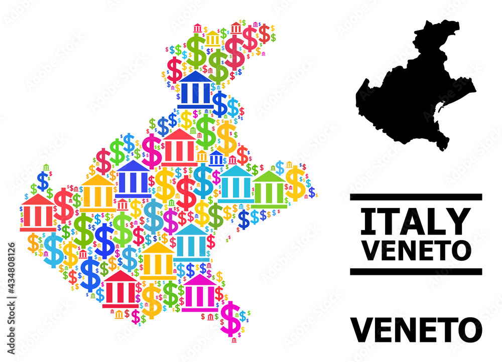 Naklejka premium Bright colored finance and money mosaic and solid map of Veneto region. Map of Veneto region vector mosaic for geographic campaigns and promotion.