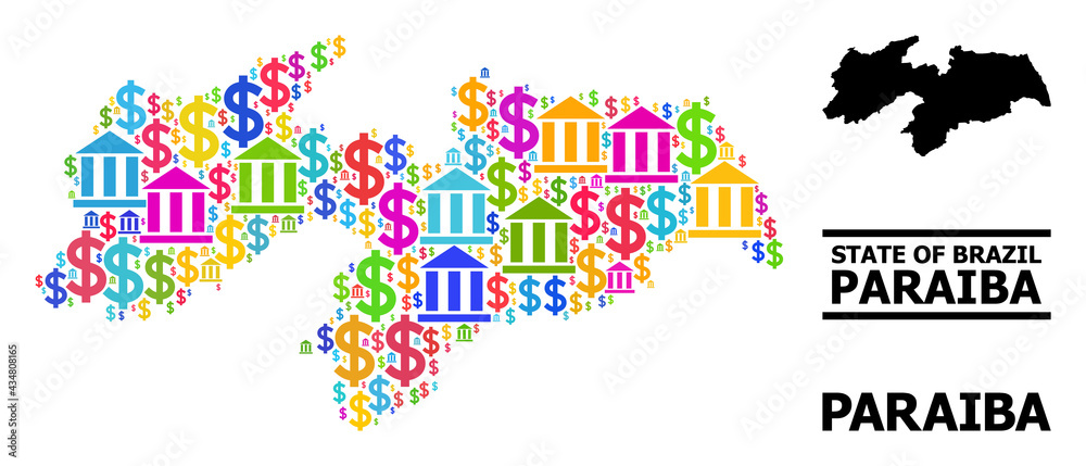 Naklejka premium Bright colored bank and dollar mosaic and solid map of Paraiba State. Map of Paraiba State vector mosaic for geographic campaigns and promotion.