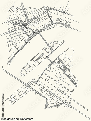 Black simple detailed street roads map on vintage beige background of the  Noordereiland quarter neighbourhood of Rotterdam, Netherlands