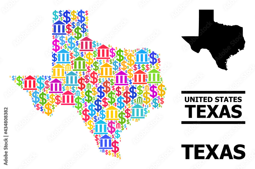 Bright colored financial and dollar mosaic and solid map of Texas State. Map of Texas State vector mosaic for GDP campaigns and agitation.