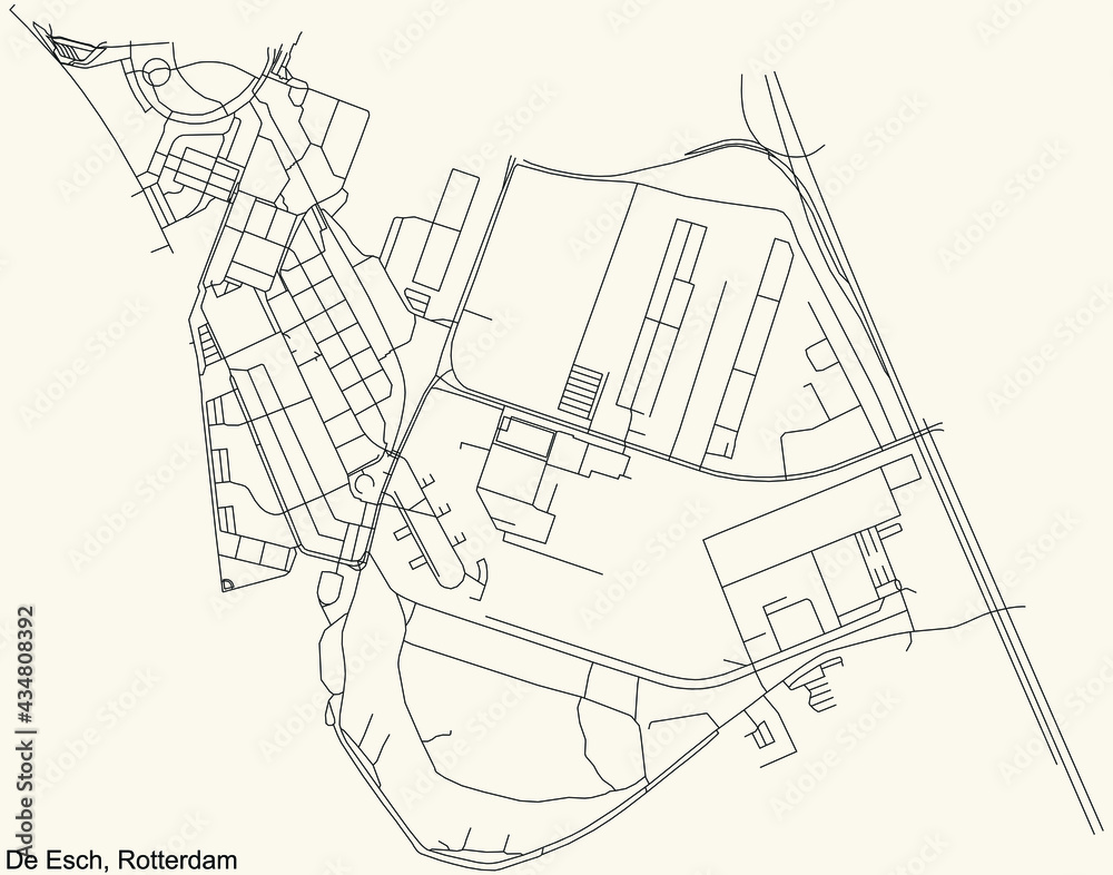 Black simple detailed street roads map on vintage beige background of the quarter De Esch neighbourhood of Rotterdam, Netherlands