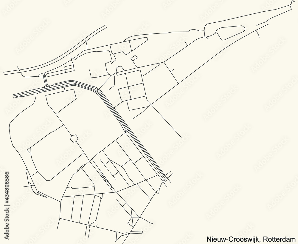 Black simple detailed street roads map on vintage beige background of the quarter Nieuw-Crooswijk neighbourhood of Rotterdam, Netherlands
