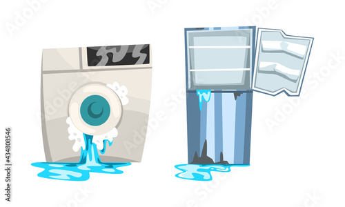 Damaged Home Appliances Set, Broken Washing Machine and Refrigerator with Leaking Water Cartoon Vector Illustration