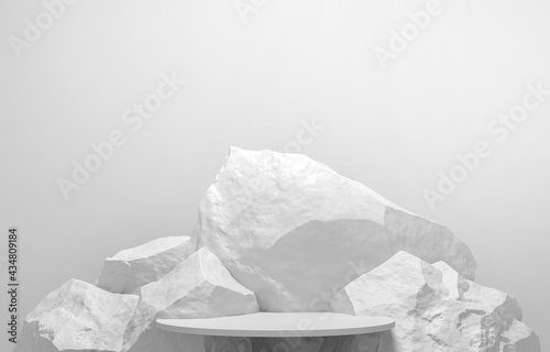 Stone and Rock shape 3d render illustration. Round podium, pedestal for brand product exhibition. Gray white color. Mockup template for ads design.