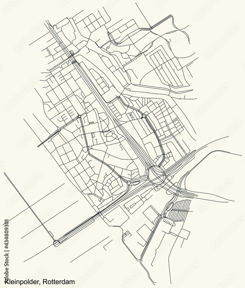 Black simple detailed street roads map on vintage beige background of the Kleinpolder quarter neighbourhood of Rotterdam, Netherlands