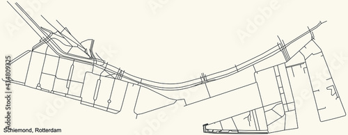 Black simple detailed street roads map on vintage beige background of the quarter Schiemond neighbourhood of Rotterdam, Netherlands