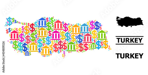 Vibrant bank and business mosaic and solid map of Turkey. Map of Turkey vector mosaic for geographic campaigns and doctrines. Map of Turkey is designed from vibrant dollar and bank ojects.