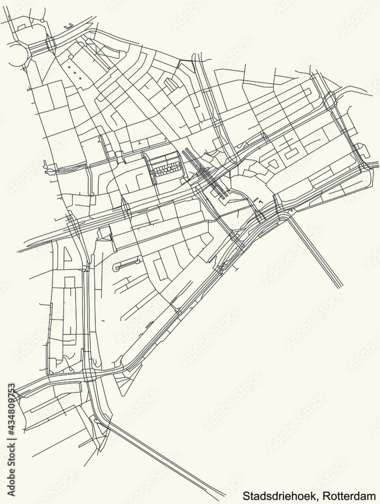 Black simple detailed street roads map on vintage beige background of the quarter Stadsdriehoek neighbourhood of Rotterdam, Netherlands