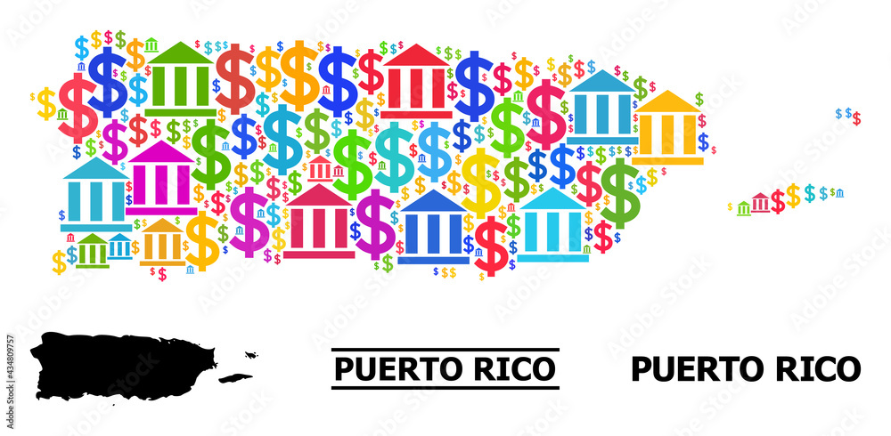 Bright colored bank and business mosaic and solid map of Puerto Rico. Map of Puerto Rico vector mosaic for business campaigns and agitprop.