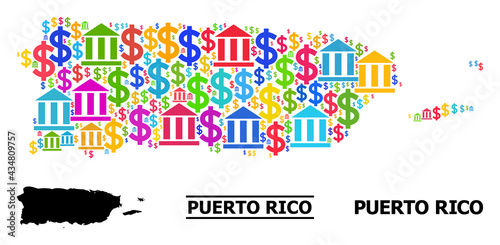Bright colored bank and business mosaic and solid map of Puerto Rico. Map of Puerto Rico vector mosaic for business campaigns and agitprop.
