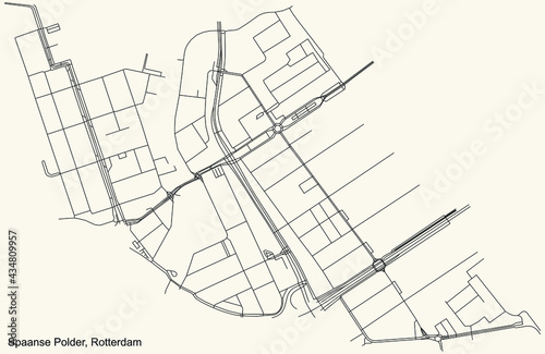 Black simple detailed street roads map on vintage beige background of the quarter Spaanse Polder district of Rotterdam, Netherlands