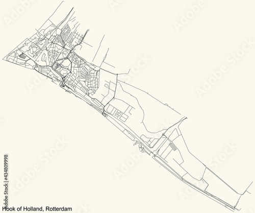 Black simple detailed street roads map on vintage beige background of the quarter Hook of Holland district of Rotterdam, Netherlands