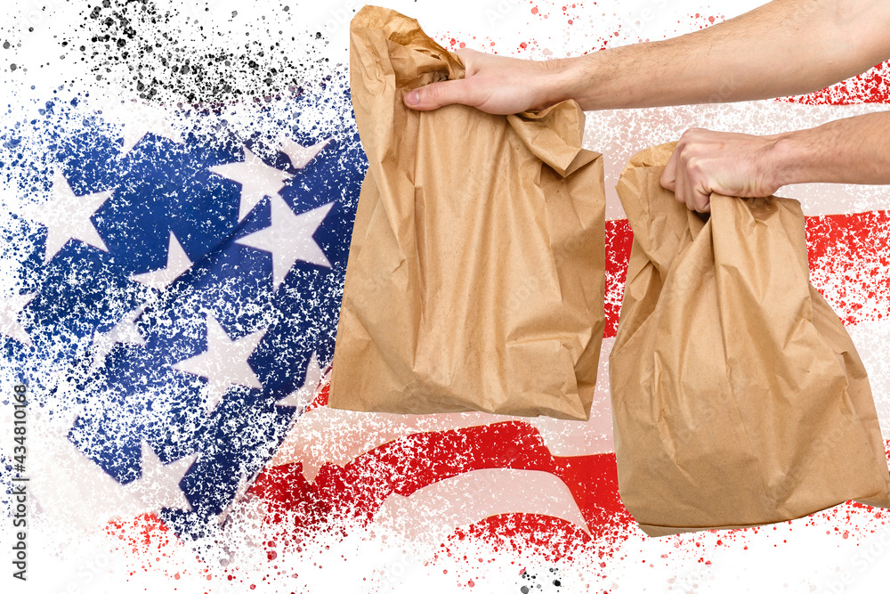 Delivery packaging brown box with america flag, illustration.