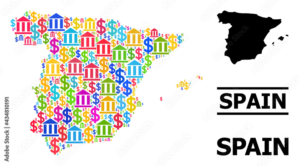 Fototapeta premium Multicolored bank and dollar mosaic and solid map of Spain. Map of Spain vector mosaic for GDP campaigns and purposes. Map of Spain is created with vibrant bank and dollar parts.